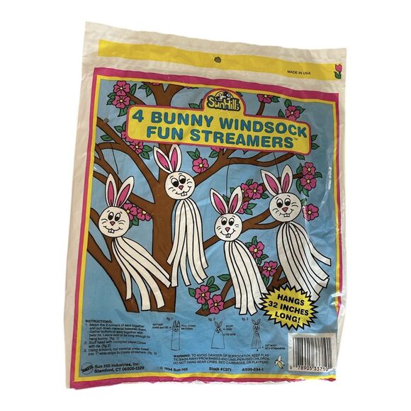 Vintage 1994 Sun Hill Pack Of 4 Easter Bunny Windsock Fun Streamers 32" *New - Picture 2 of 2